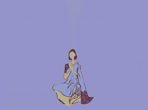 a drawing of a woman in a blue robe praying with a light coming out of her head