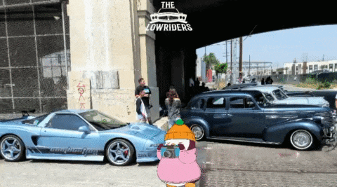 a group of cars are parked under a bridge with the lowriders logo on the top