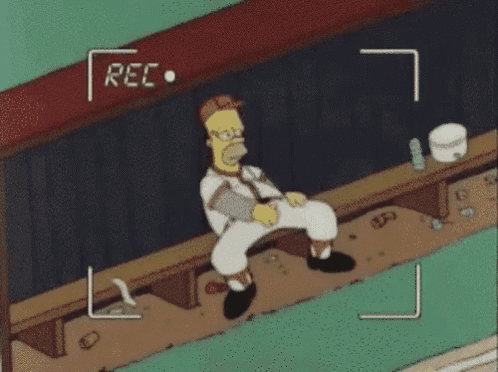 a cartoon of homer simpson sitting on a bench in a dugout with the word rec on the screen