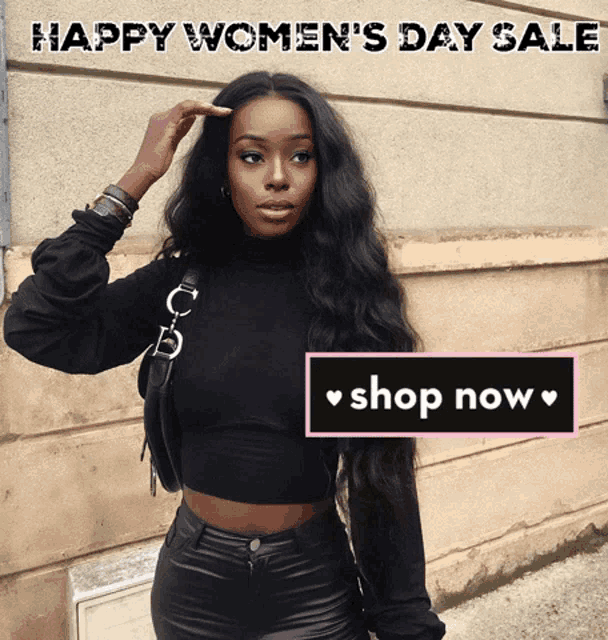 a woman stands in front of a wall with the words happy women 's day sale