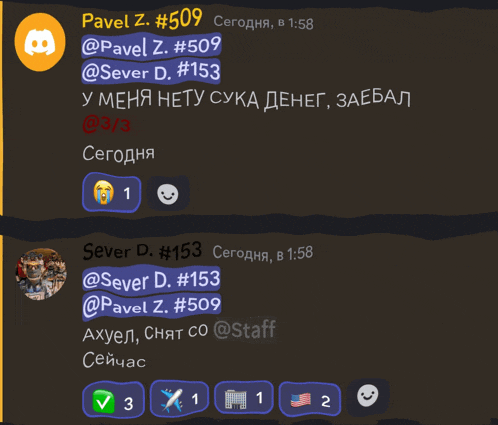 a screenshot of a conversation between pavel z. and sever d. # 153