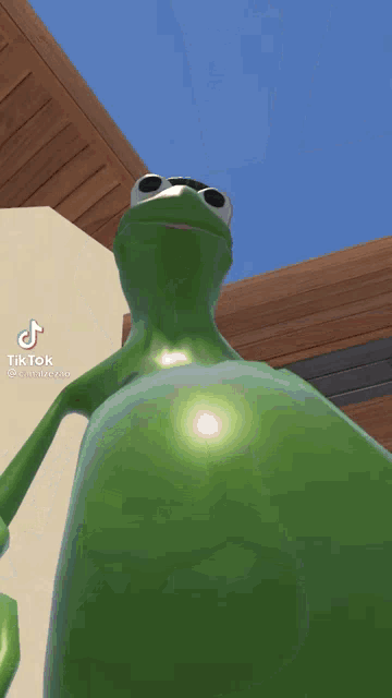 a green frog with a big belly is standing in front of a building with a tik tok sticker on it