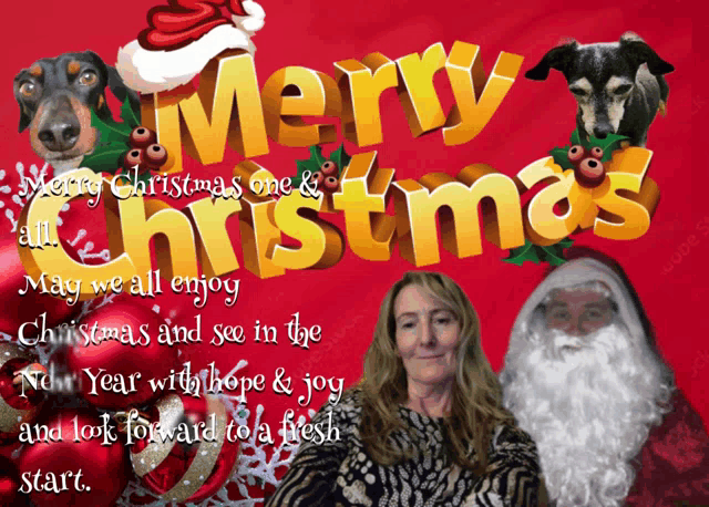 a merry christmas card with santa claus and a woman