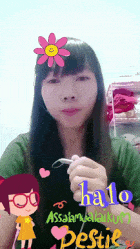 a girl with a flower on her head is holding a ear bud and the words halo appear above her