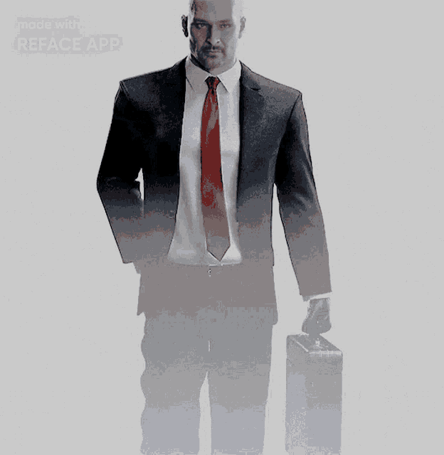 a man in a suit and tie is holding a briefcase and made with reface app