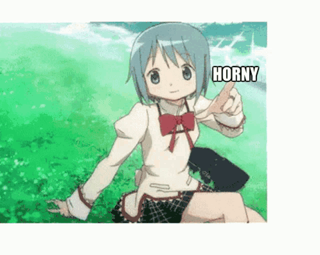 a picture of a girl with horny written on the bottom right