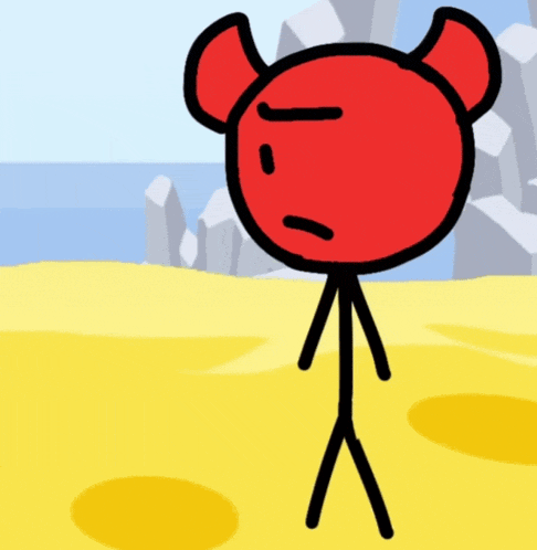a red stick figure with horns is standing on a yellow background