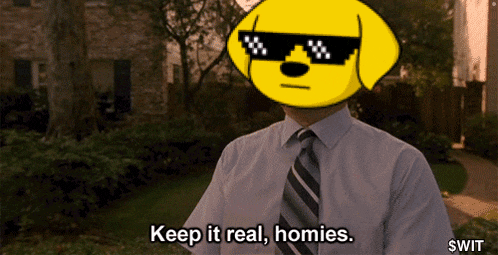 a man in a suit and tie with a yellow dog on his head says " keep it real homies "