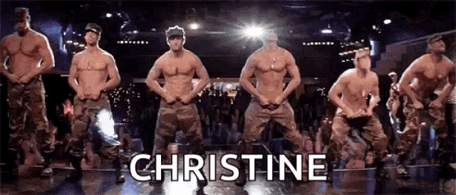 a group of men are standing on a stage with the name christine on the bottom right