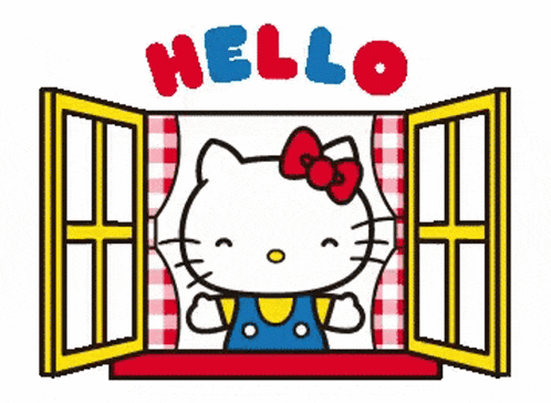 hello kitty is looking out of an open window with the words hello written above her