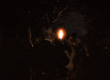 a man is holding a torch in front of a zombie with his eyes glowing