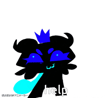 a black cartoon character with a blue crown on its head and the word help below it .