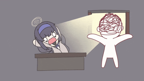 a cartoon of a woman sitting at a desk and a drawing of a man with a messy head