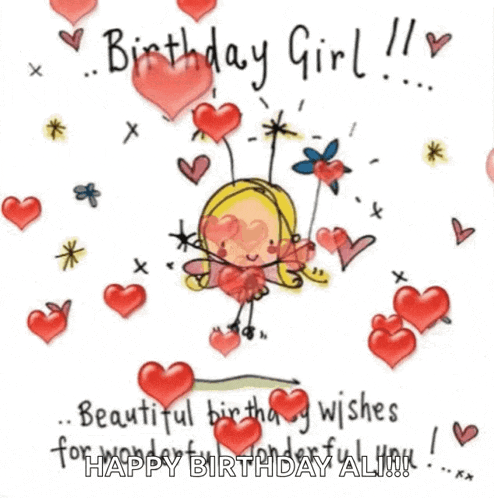 a birthday card for a girl with a fairy surrounded by hearts .