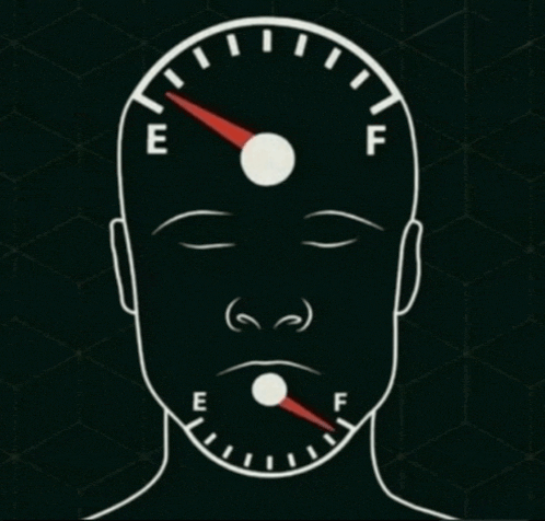 a drawing of a man 's head with a fuel gauge pointing to e