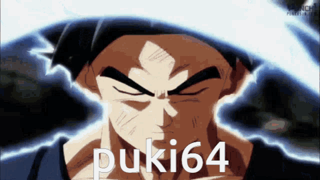 a close up of a cartoon character with the words puki64 on the bottom