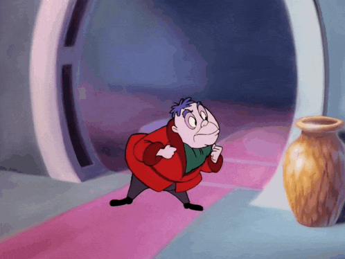 a cartoon character standing next to a vase