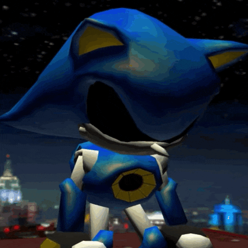a blue robot with red eyes is standing in front of a dark sky