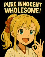 a poster of a blonde anime girl with the words pure innocent wholesome on it
