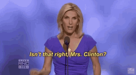a woman speaking into a microphone with the words isn 't that right mrs. clinton on the screen