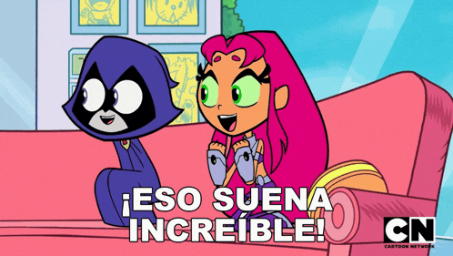 a cartoon of raven and starfire sitting on a couch with the words eso suena increible