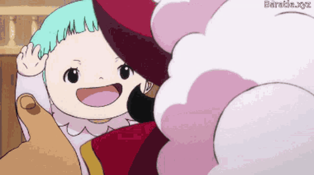 a little girl with blue hair is being held by a man with a red hat and the website baradis.xyz is visible in the corner