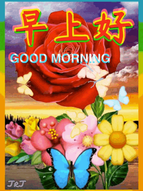 a butterfly is sitting on a flower with the words good morning written above it