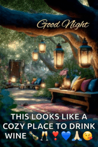 a good night greeting with a picture of a garden with lanterns hanging from trees