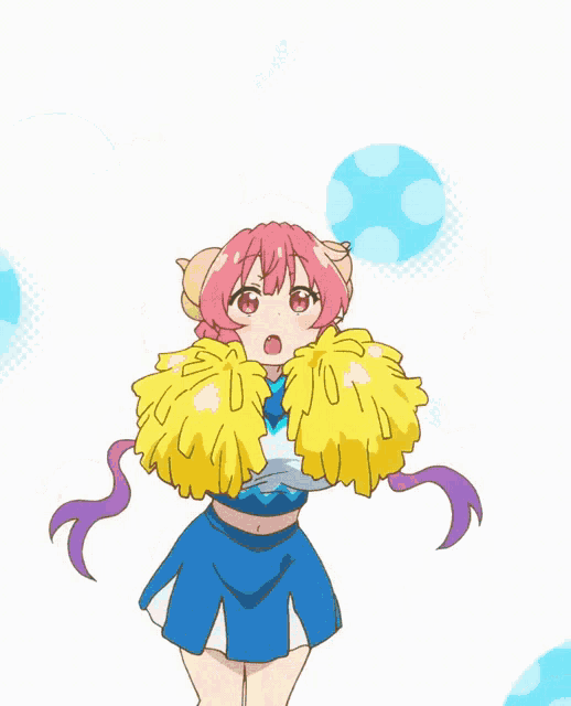a cheerleader in a blue and white uniform is holding yellow pom poms