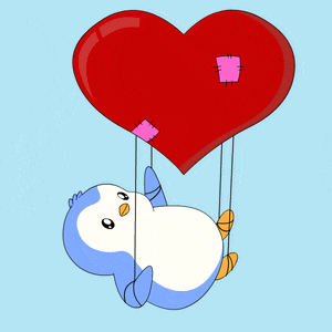 a penguin is holding a red heart with a pink patch on it