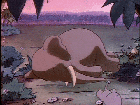 a cartoon elephant is laying on the ground with a pink background