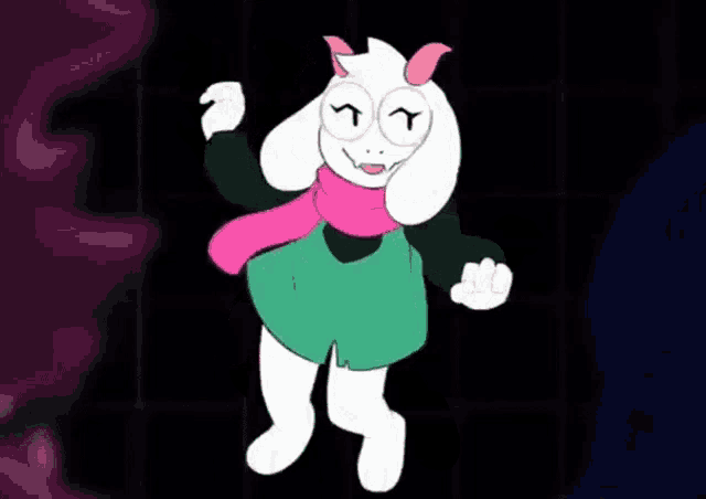 a cartoon of a sheep wearing a green dress and a pink scarf dancing .