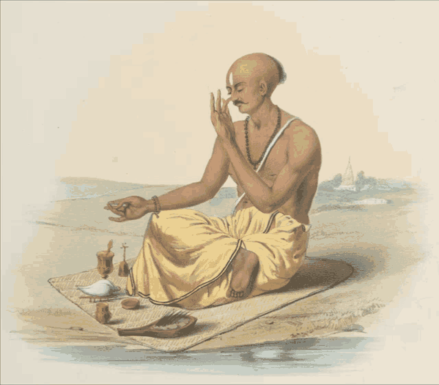 a painting of a man sitting on a mat with a few objects in front of him