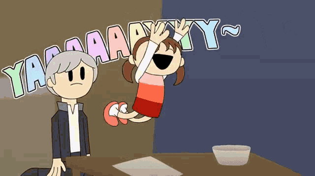 a cartoon of a man sitting at a table with a girl flying in the air saying yaaaaparty
