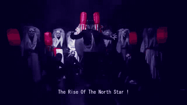 a group of people are standing in a dark room and one of them has a crown on their head