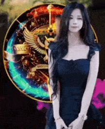 a woman in a blue dress is standing in front of a circle with the word voice on it