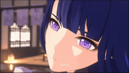 a close up of a girl 's face with purple eyes and the word surkan on the bottom left