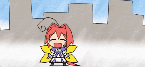 a cartoon of a girl with red hair and yellow wings standing in front of a building .