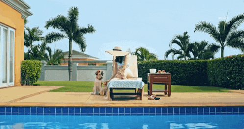 a woman sits on a lounge chair next to a swimming pool