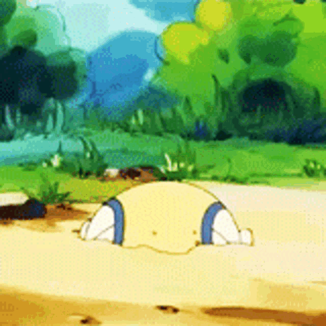 a cartoon character is sticking his head out of the ground