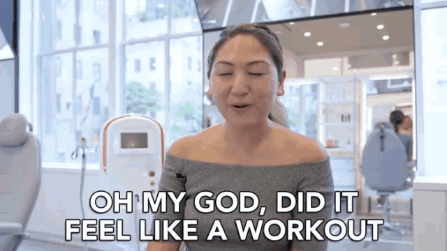 a woman is sitting in a room with her eyes closed and saying `` oh my god , did it feel like a workout ''