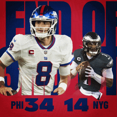 two football players on a red background with the number 34 14 nyg