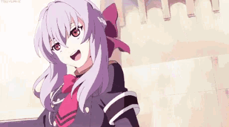 a girl with purple hair and a red bow is standing in front of a castle