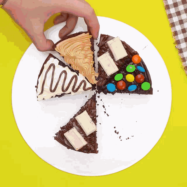 a person is taking a piece of cake from a plate