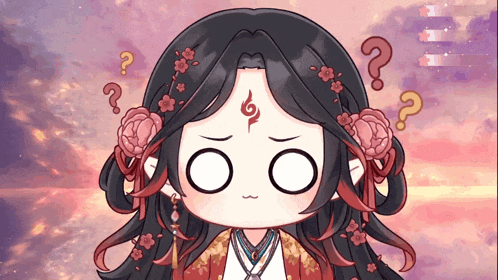 a girl with flowers in her hair has a question mark above her head