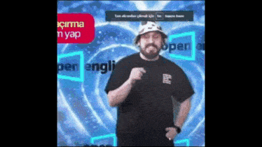 a man with a beard wearing a hat and a black shirt is standing in front of a sign that says open