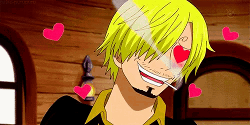 sanji from one piece is smiling and smoking a cigarette with hearts around his eyes .