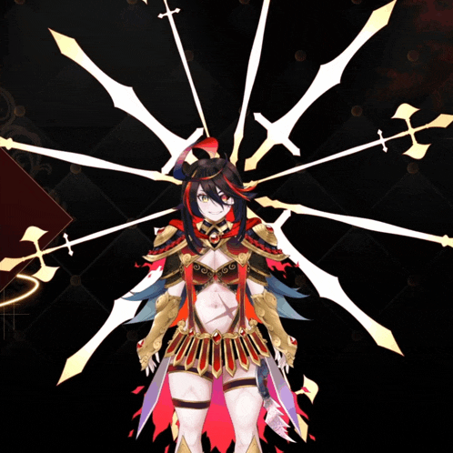 a cartoon character with a sword in her hand is surrounded by swords