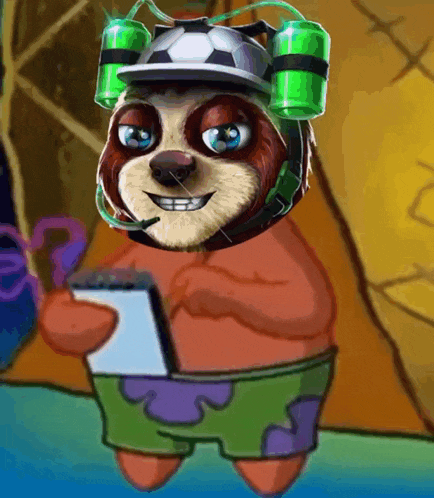 a cartoon sloth wearing a soccer helmet is holding a notebook