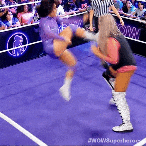 two women are wrestling in a ring with the word wow on the corner